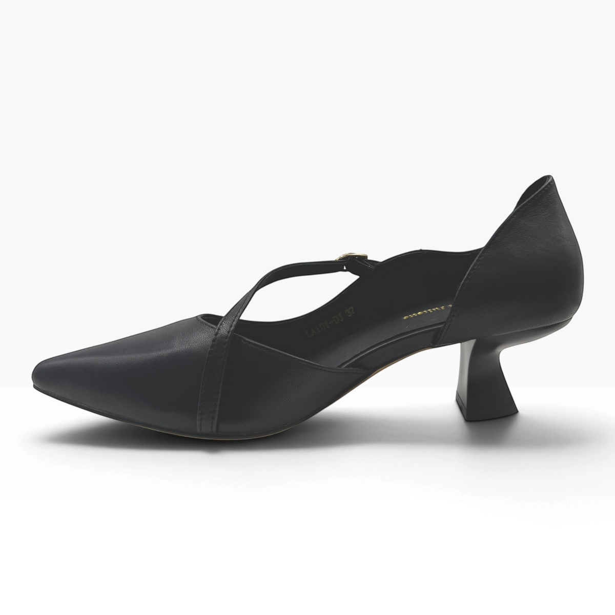 The Shoe Shop Laidy black leather Mary-Jane pump with a pointed toe and elegant mid-height flared heel.
