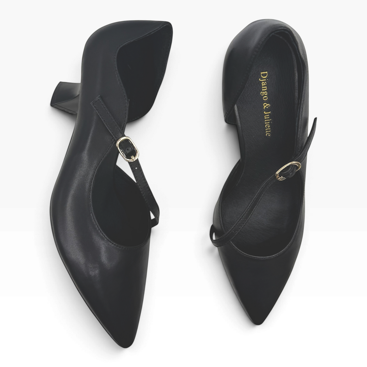 The Shoe Shop Laidy black leather Mary-Jane pumps with a pointed toe, gold-tone buckle strap, and flared mid-heel.