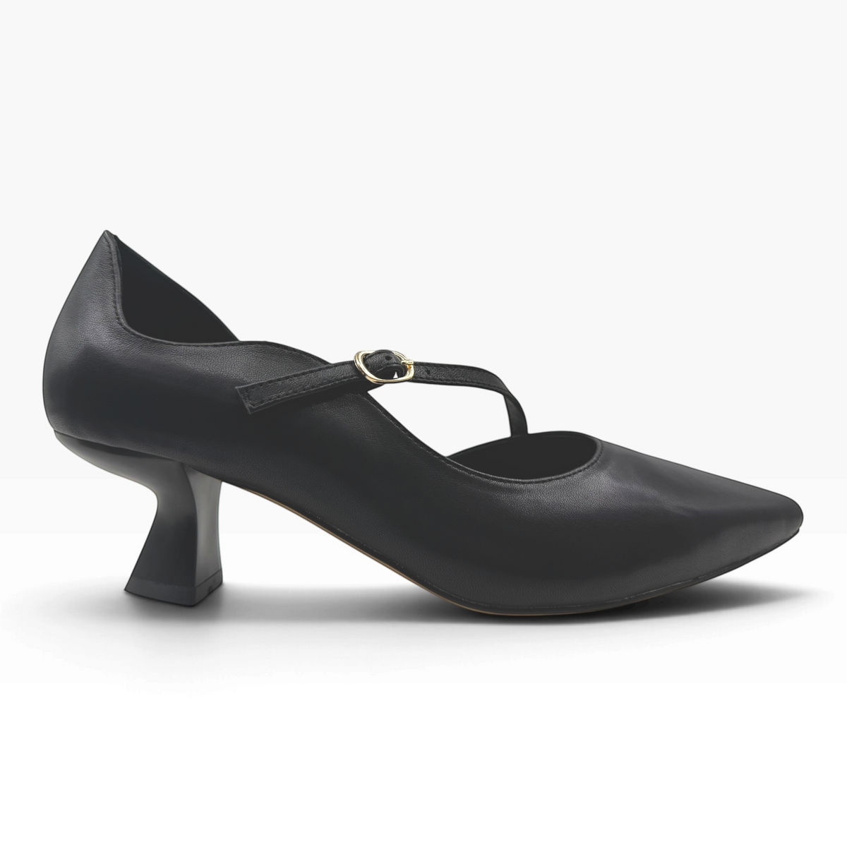 The Shoe Shop Laidy pump heel in black leather with a pointed toe, thin ankle strap, and unique sculpted heel.