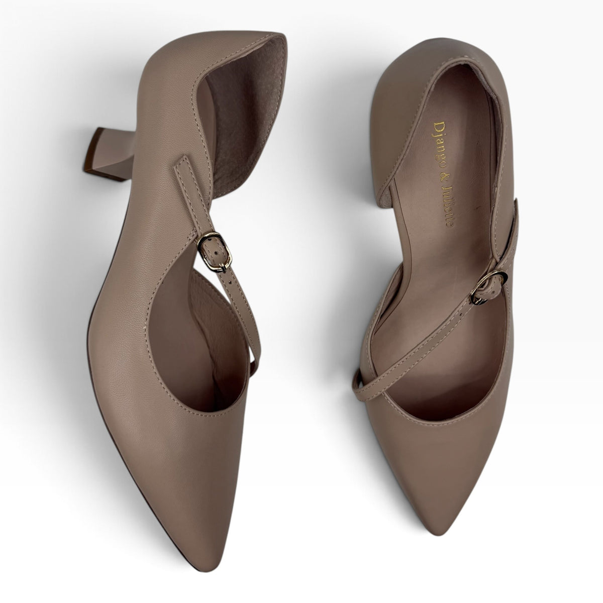 The Shoe Shop Laidy H taupe leather pointed-toe heels with a delicate buckled ankle strap and low block heel.