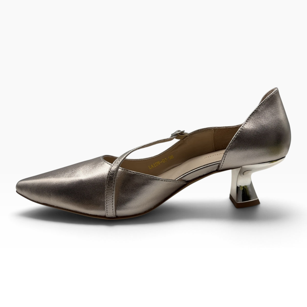 The Shoe Shop Laidy pump heel in metallic silver leather with a pointed toe and a unique sculptural mid-heel.