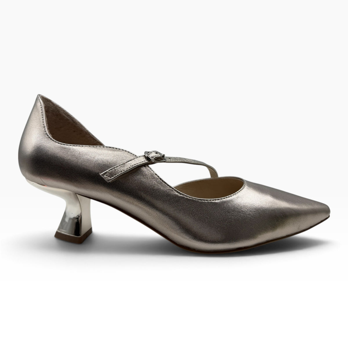 The Shoe Shop Laidy metallic silver pointed-toe Mary Jane pump with a unique sculptural kitten heel