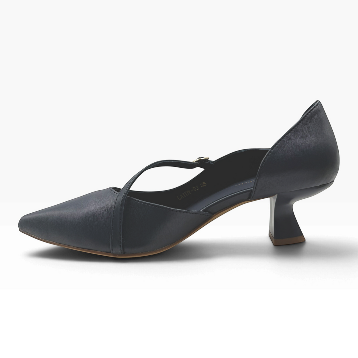 The Shoe Shop Laidy navy blue pointed-toe kitten heel pump with a delicate crossover strap and side cutout detail.