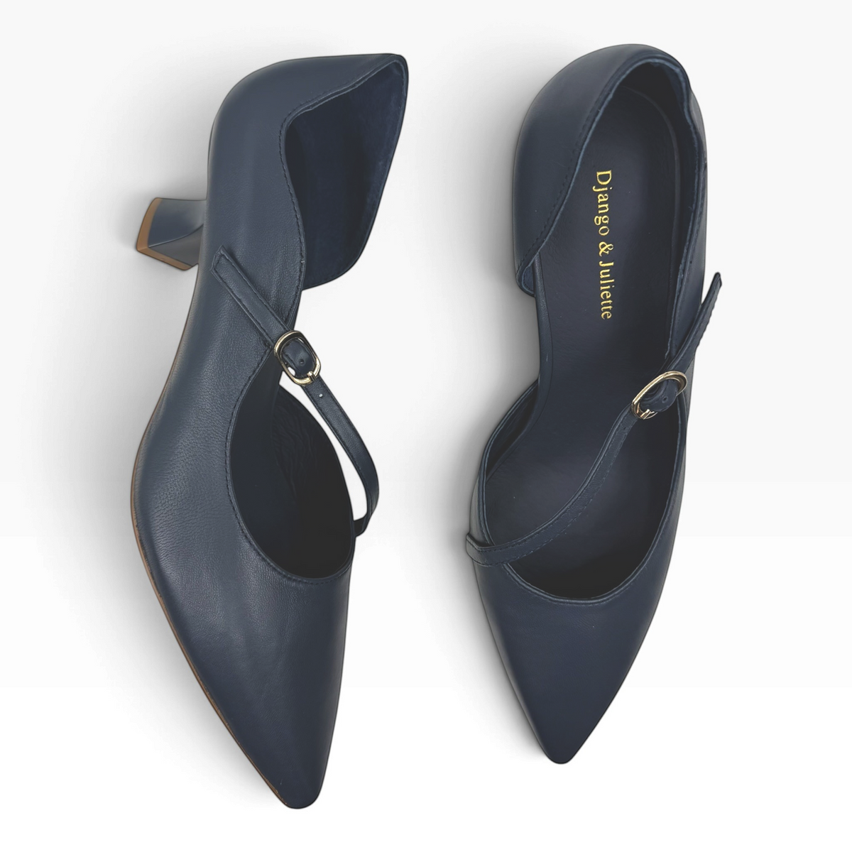 The Shoe Shop Laidy navy blue leather pointed-toe heels with a delicate ankle strap and low kitten heel.