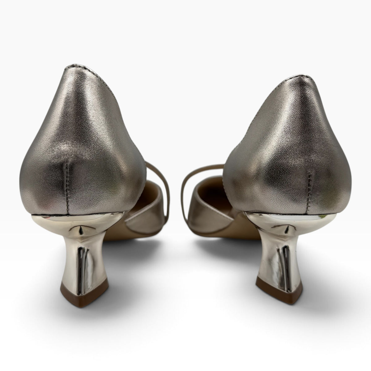 The Shoe Shop Laidy pump in metallic silver with a unique sculpted kitten heel, back view