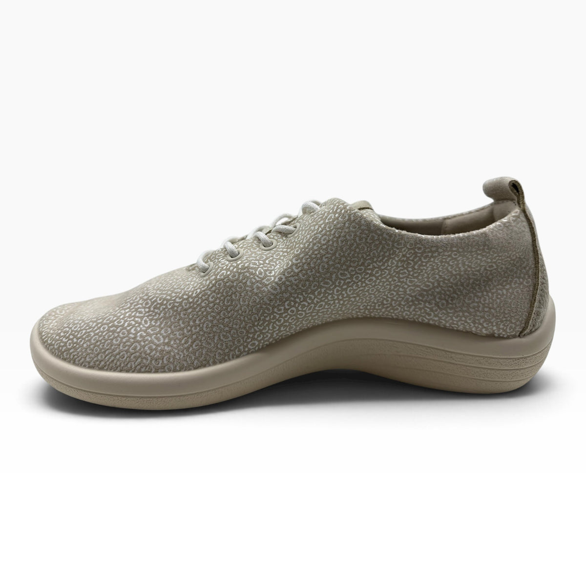 The Shoe Shop Lanin Casual beige leopard print sneaker with a low-profile sole and lace-up closure.