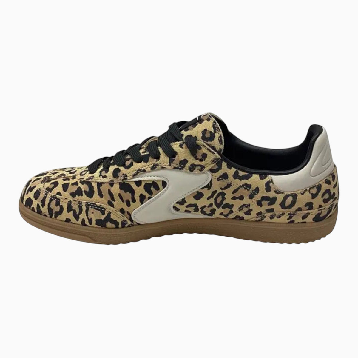 The Shoe Shop Hotshot leopard print suede and synthetic court sneaker with black laces and a gum rubber sole.