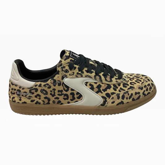 The Shoe Shop Skechers Hotshot leopard print suede court sneaker with black laces and a cushioned memory foam insole.