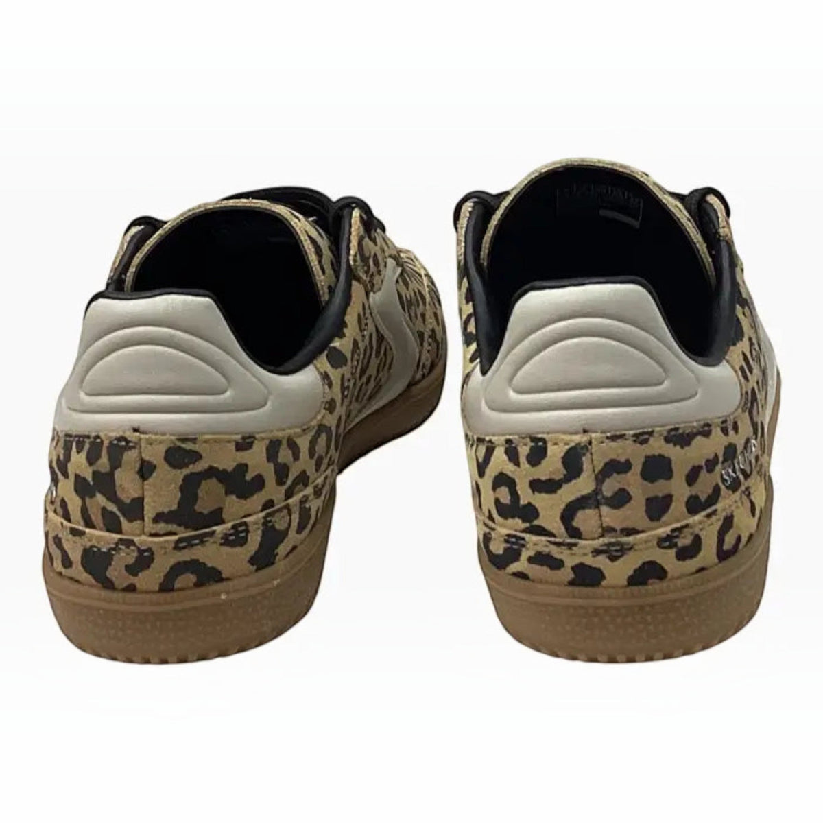 The Shoe Shop Skechers Hotshot leopard print suede court sneakers, back view showing rubber soles and heel detail.