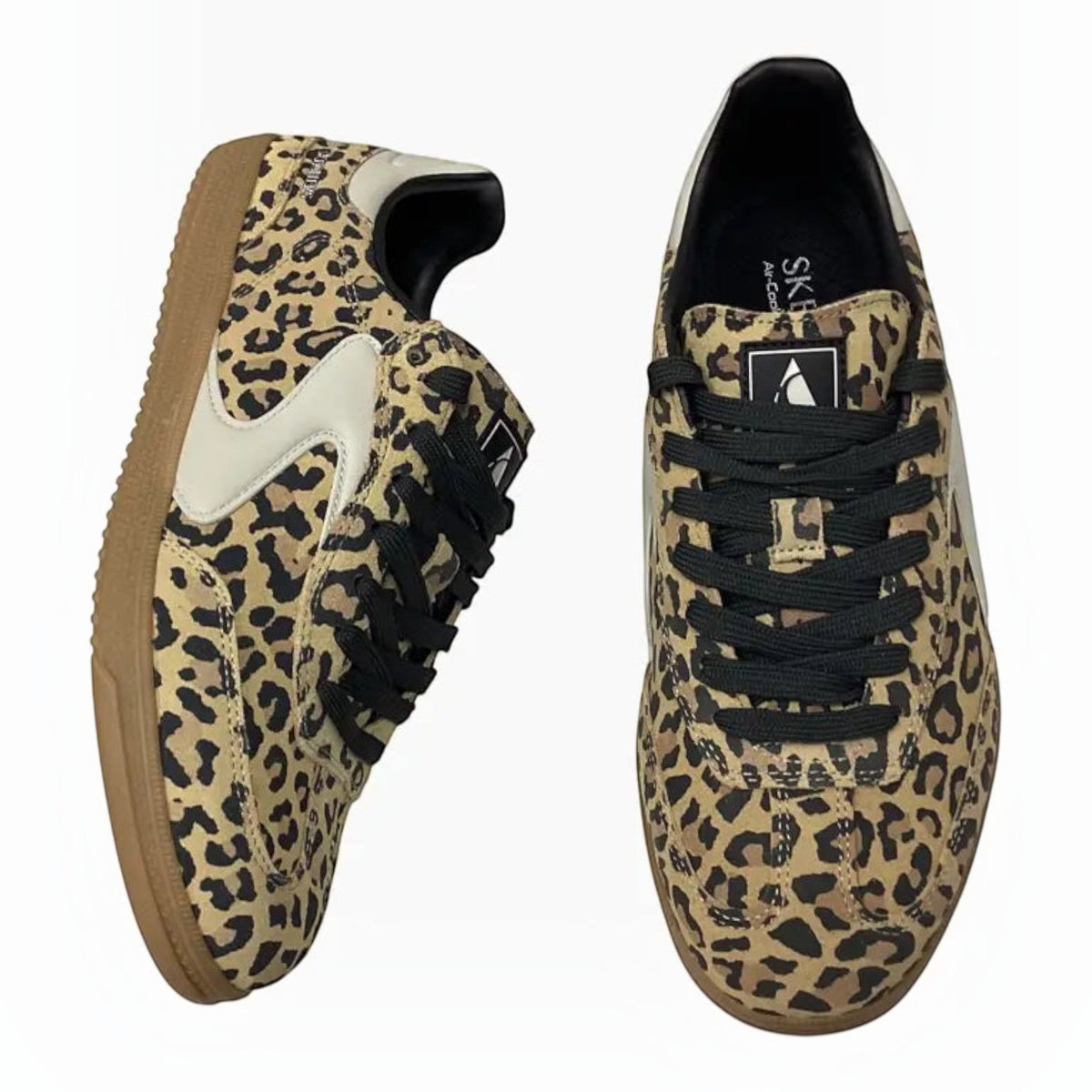 The Shoe Shop Skechers Hotshot leopard print suede and synthetic court sneakers with black laces and gum rubber soles.