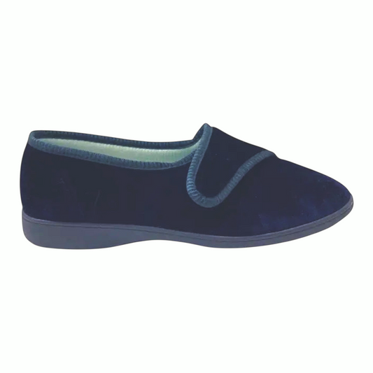 The Shoe Shop Grosby Lilian navy velvet indoor slipper with tonal piped trim and a flexible cushioned sole.