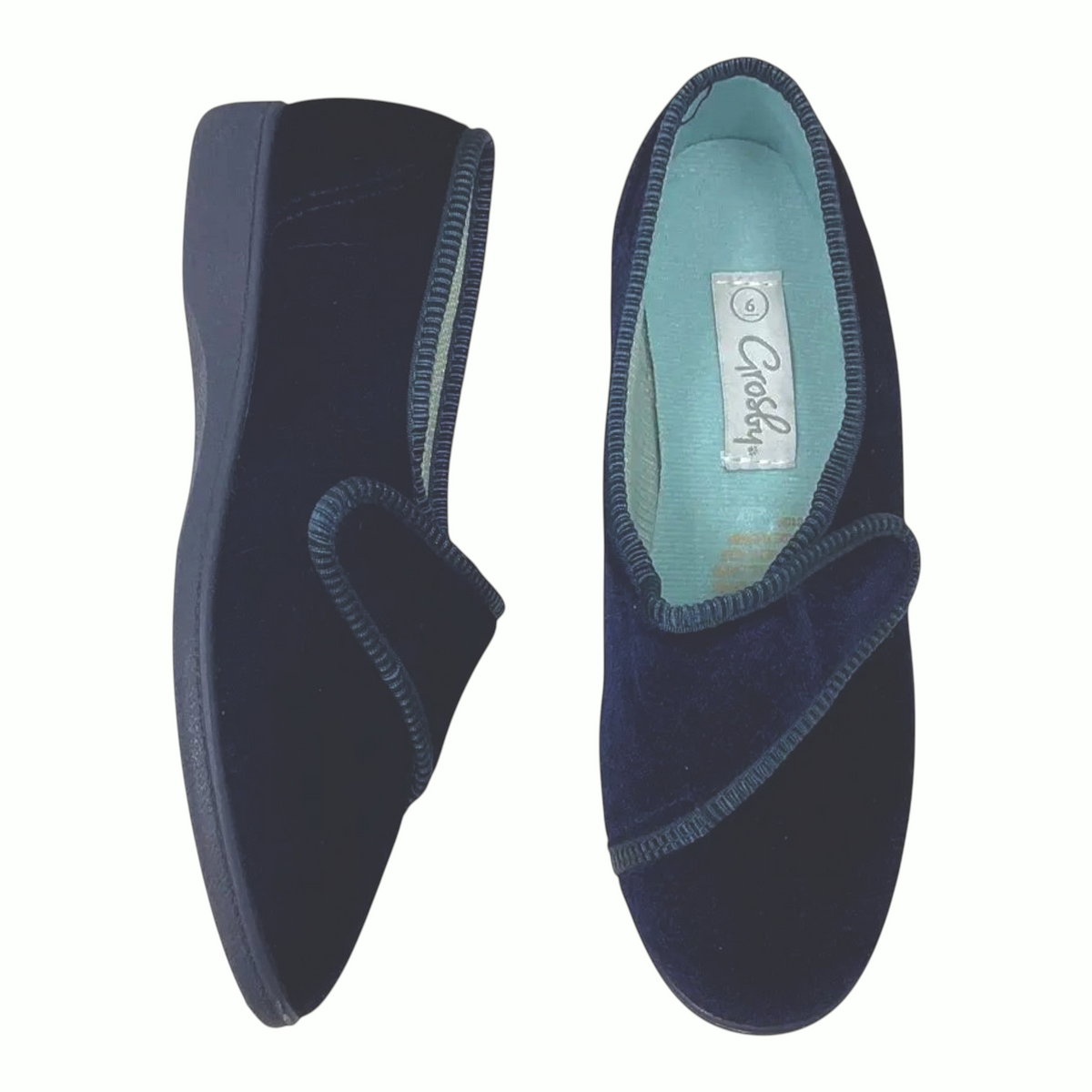 The Shoe Shop Grosby Lilian navy velvet slippers with piped trim and cushioned insole for indoor comfort.