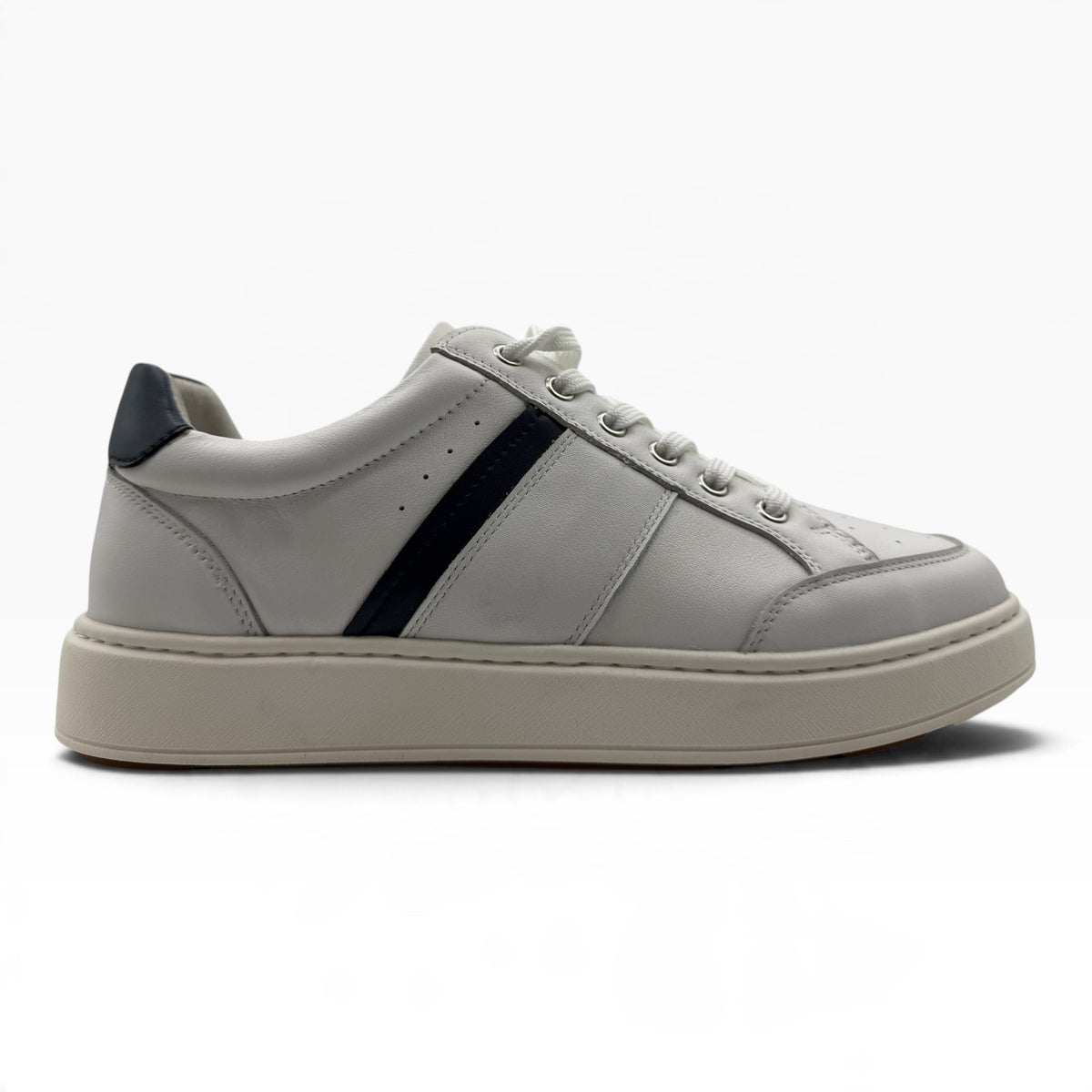 The Shoe Shop Lincoln white leather sneakers with a black side stripe and dark heel tab in a low-top profile.