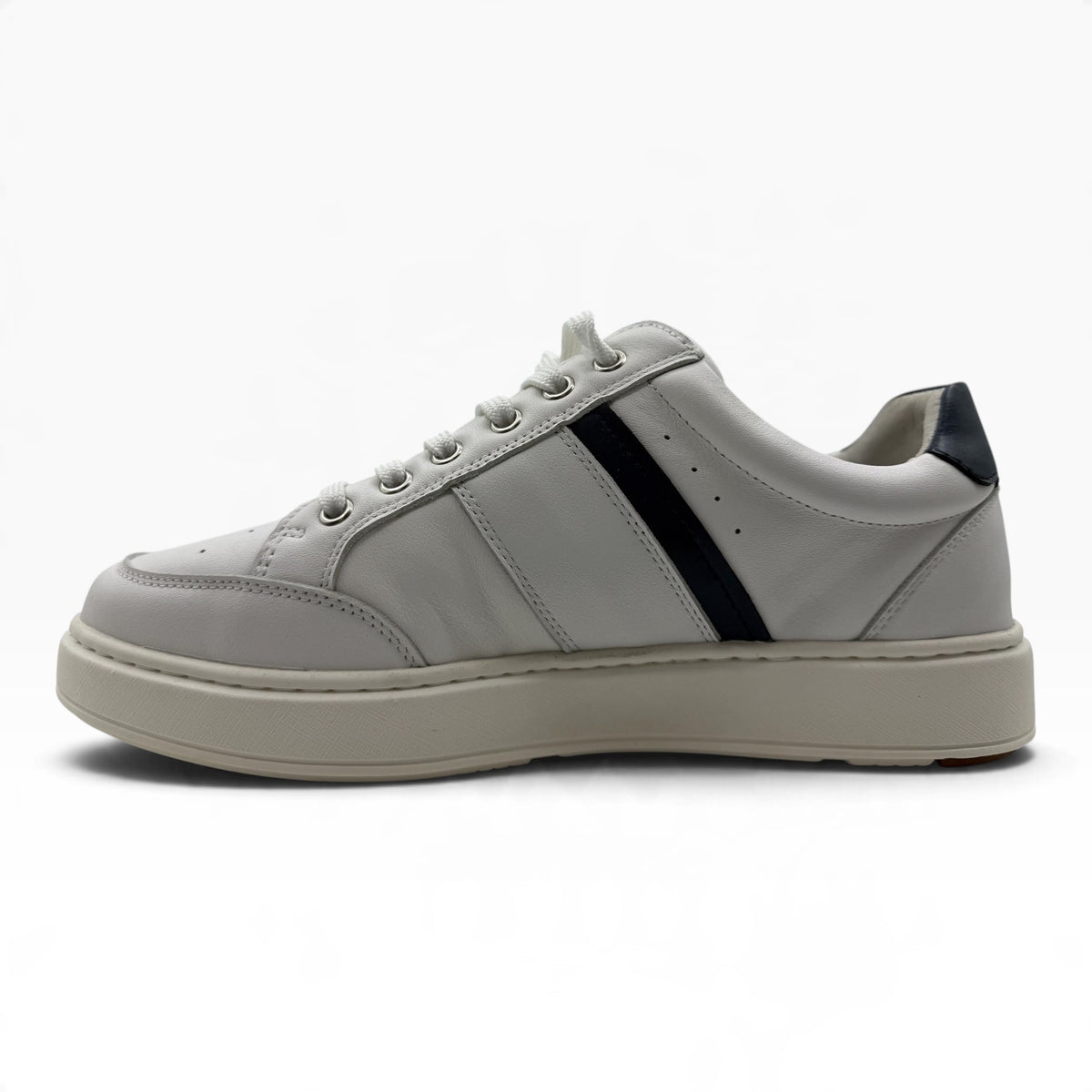 The Shoe Shop Lincoln white leather sneakers with a navy blue side stripe and thick rubber sole