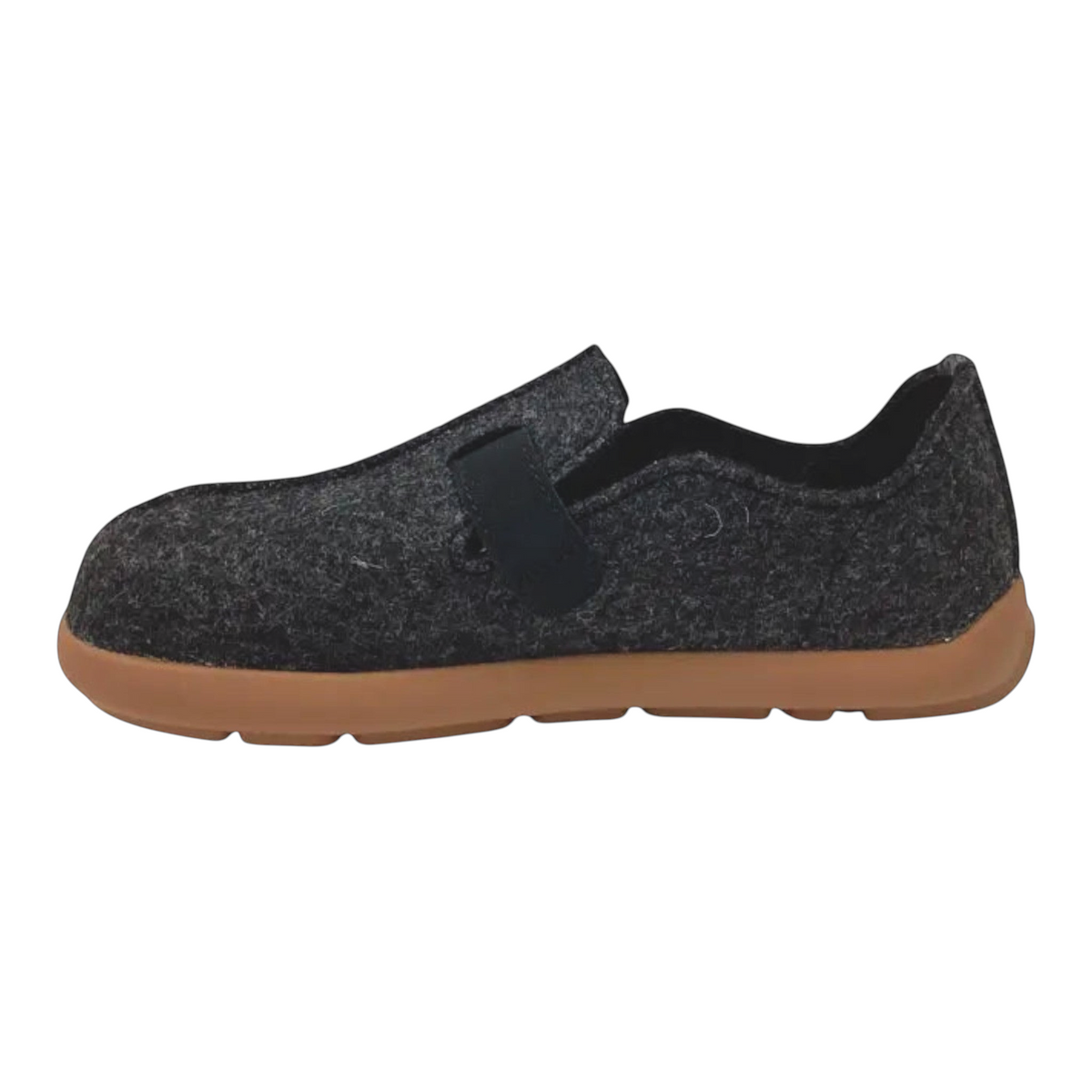The Shoe Shop Los Cabos Feltsome graphite wool-blend felt slip-on shoe with an adjustable strap and gum rubber sole.