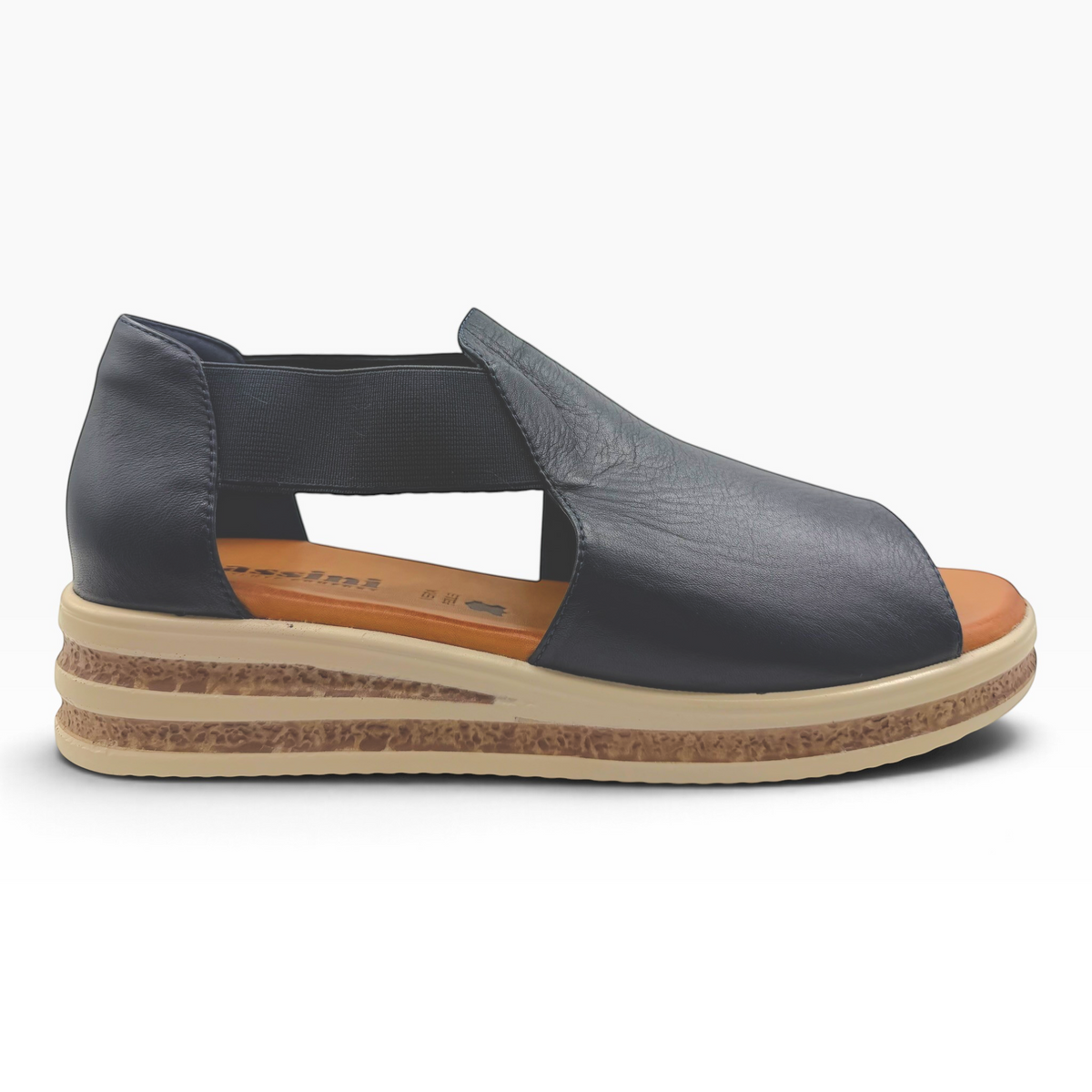 The Shoe Shop Machu black leather open-toe wedge sandal with a textured cork-style platform sole