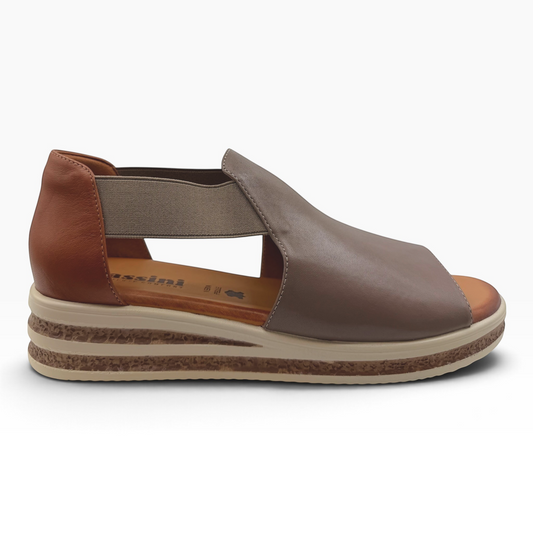 The Shoe Shop Machu wedge sandal in brown leather with elastic side panels and a textured platform sole