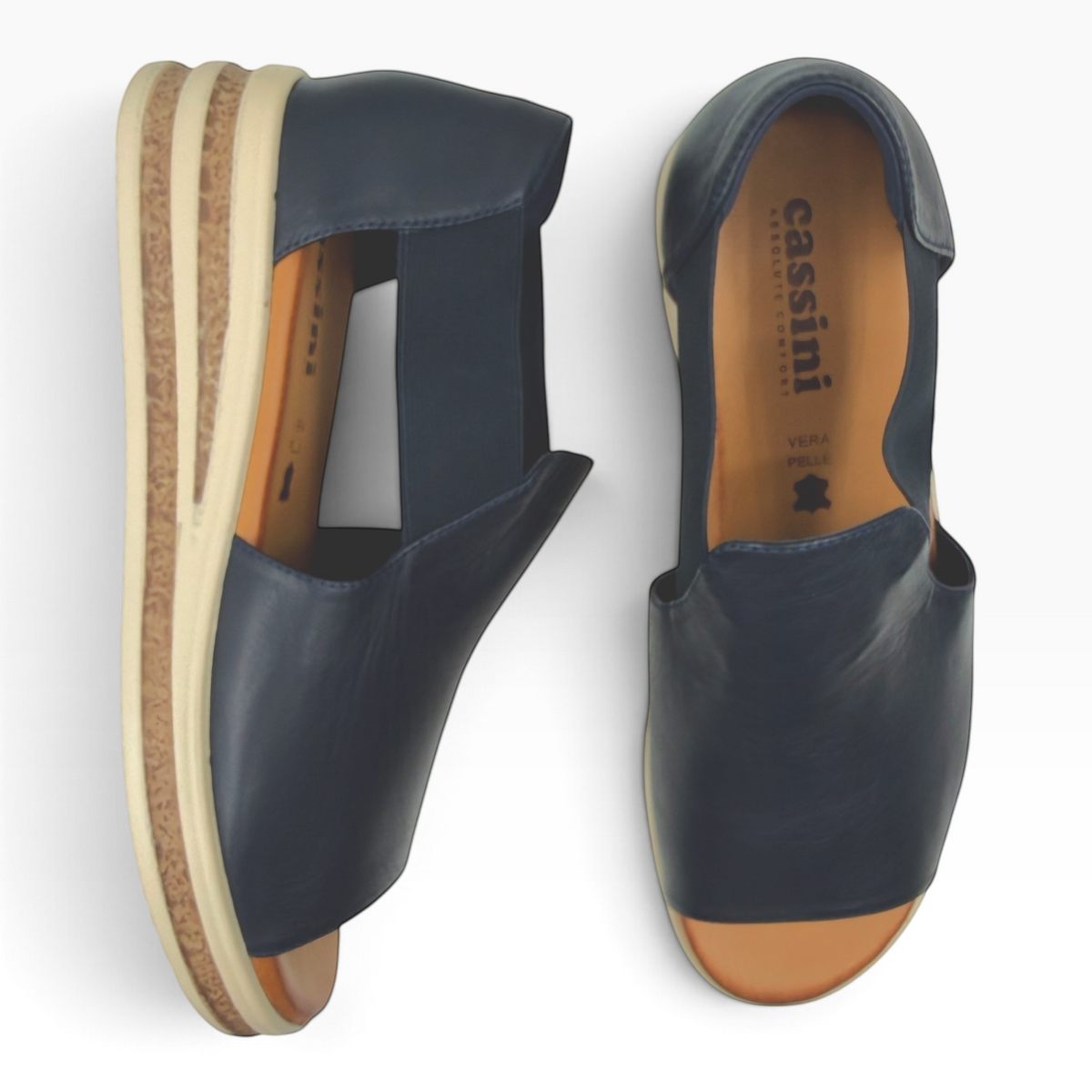 The Shoe Shop Machu navy blue leather open-toe sandals with a cork-textured platform sole