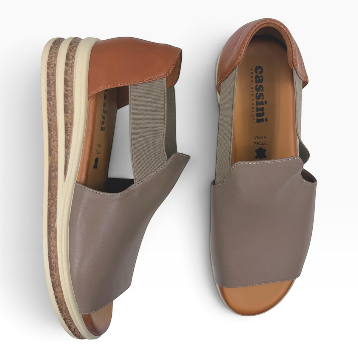 The Shoe Shop Machu leather platform sandals in taupe and brown with elastic side panels and cork-effect sole