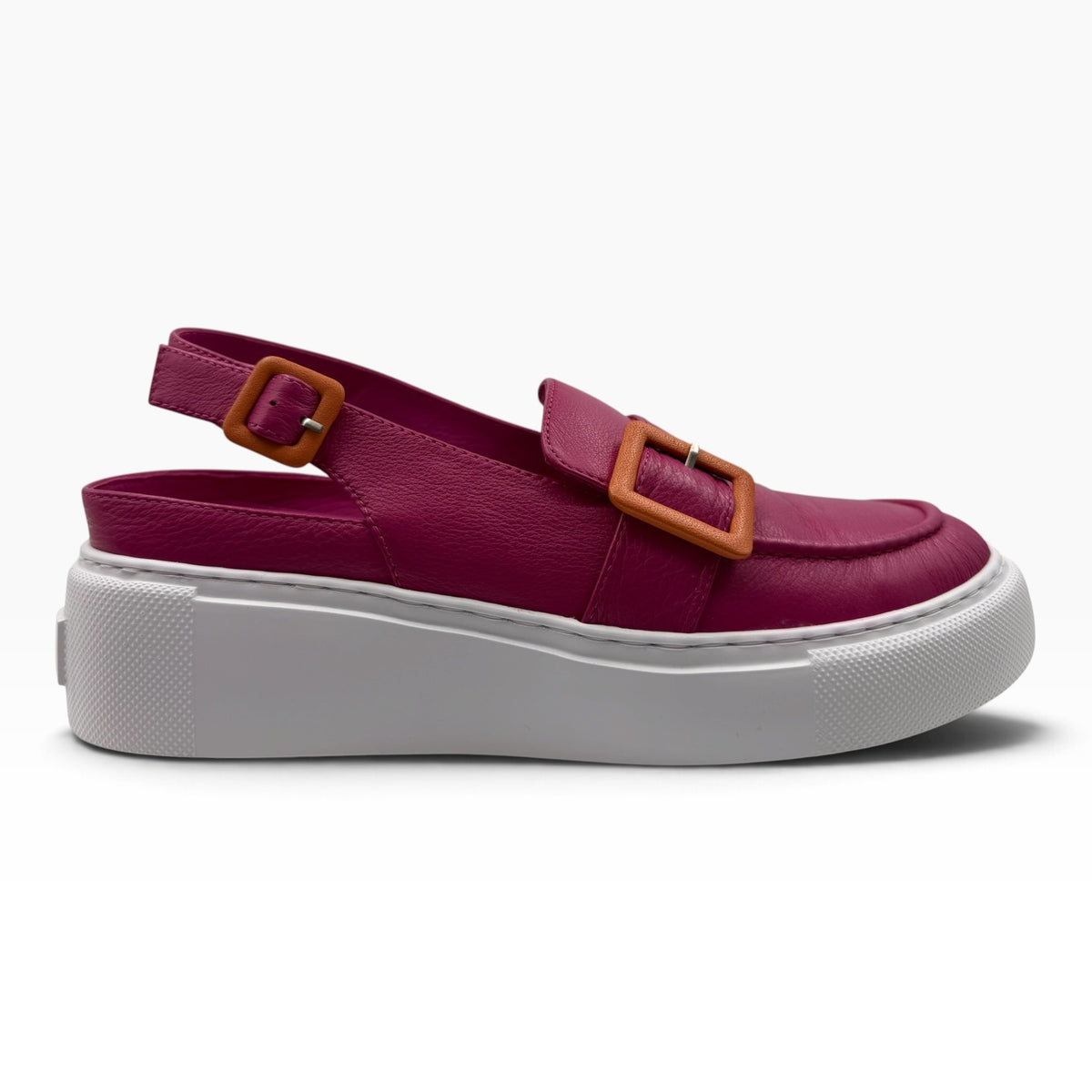 The Shoe Shop Raynell magenta leather slingback loafer with a chunky white platform sole and contrast buckle detail.