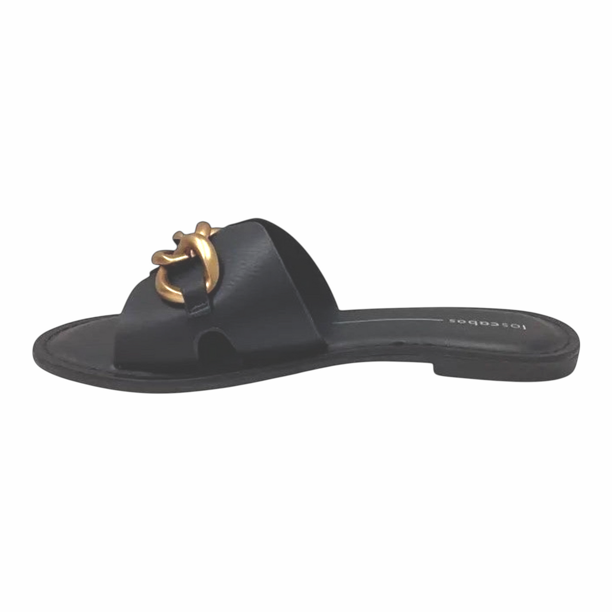 The Shoe Shop Maiz black flat slide sandal featuring a chunky gold-tone chain detail on the strap