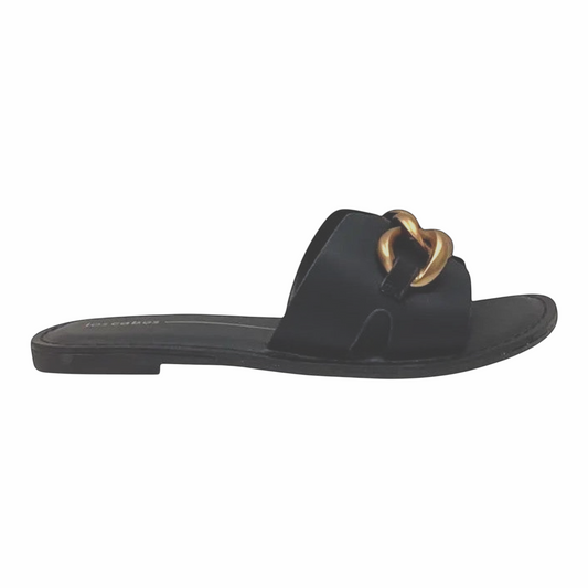 The Shoe Shop Maiz black flat slide sandals featuring a bold chunky gold-tone chain detail on the strap