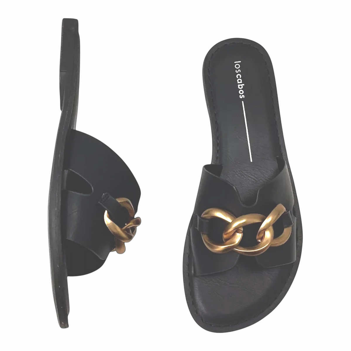 The Shoe Shop Maiz black flat slides featuring a bold chunky gold-tone chain detail on the strap