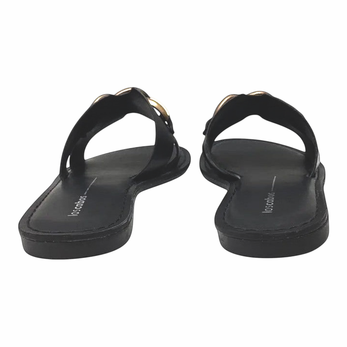 The Shoe Shop Maiz black flat slides with a chunky gold-tone chain detail on the strap, viewed from the back