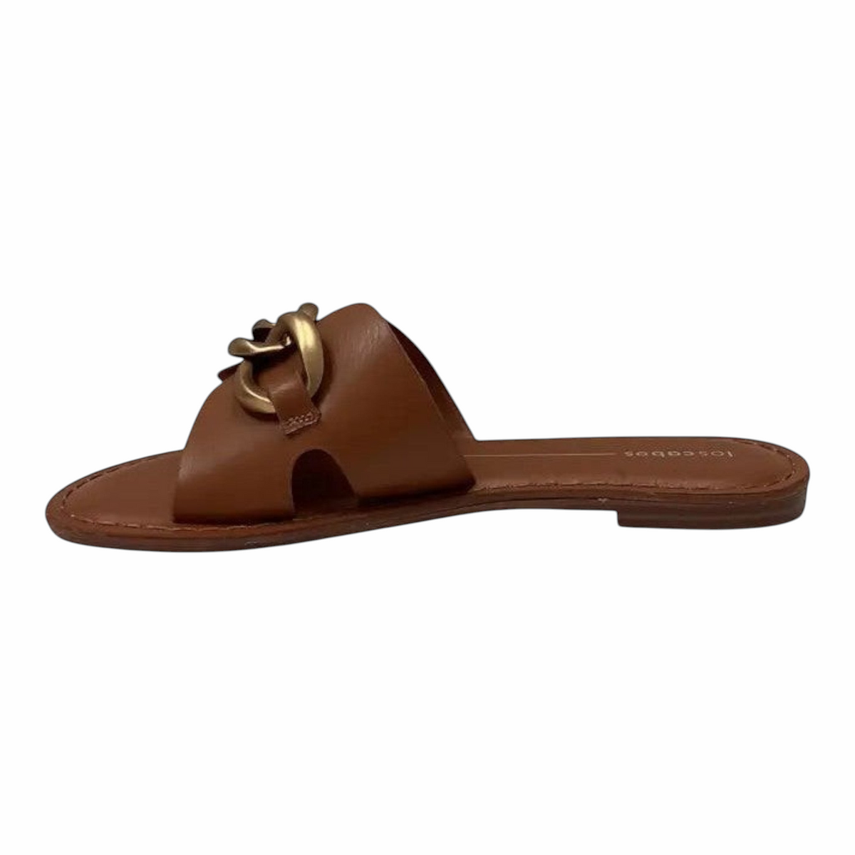 The Shoe Shop Maiz tan flat slide sandals featuring a chunky gold-tone chain detail on the smooth strap