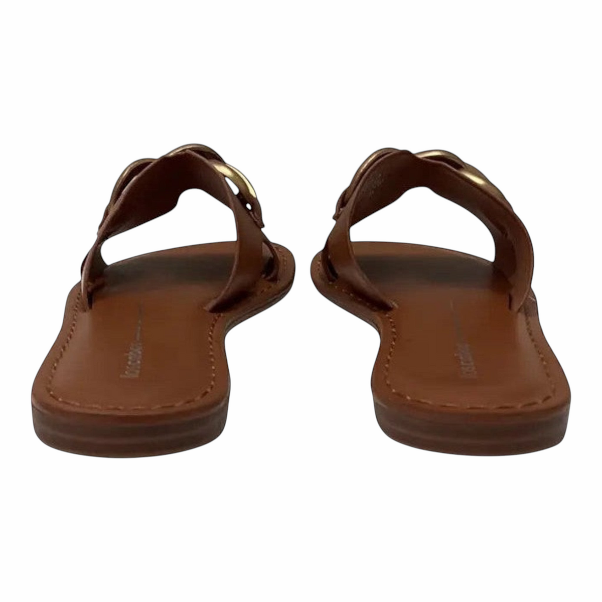 The Shoe Shop Maiz tan flat slides for women featuring a bold gold-tone chunky chain detail on the strap.