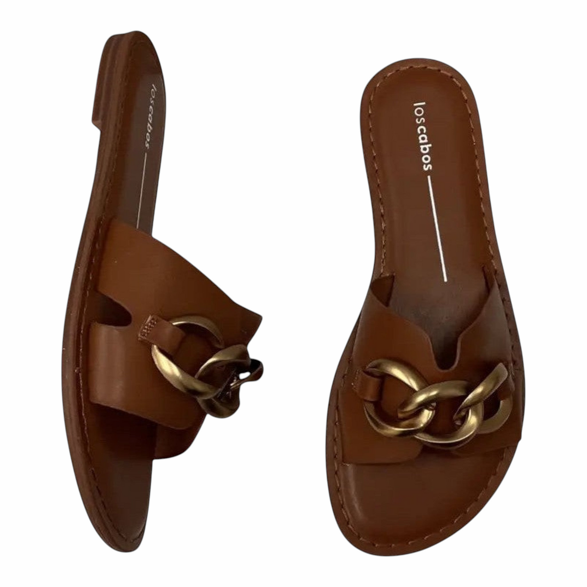The Shoe Shop Maiz tan flat slides for women featuring a chunky gold-tone chain detail on the strap
