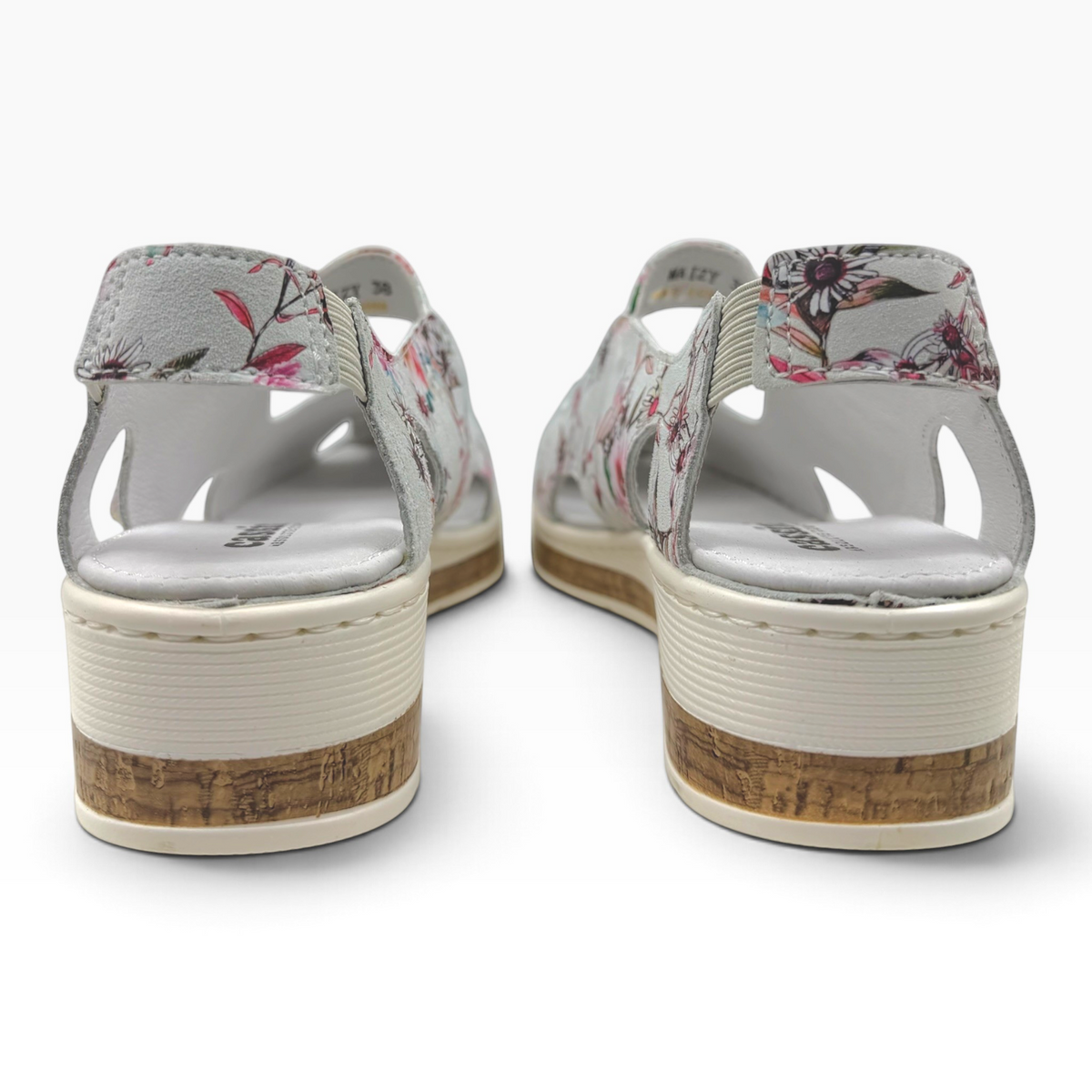 The Shoe Shop Maizy floral leather sandals with a cork-effect wedge heel and peep-toe design, rear view.