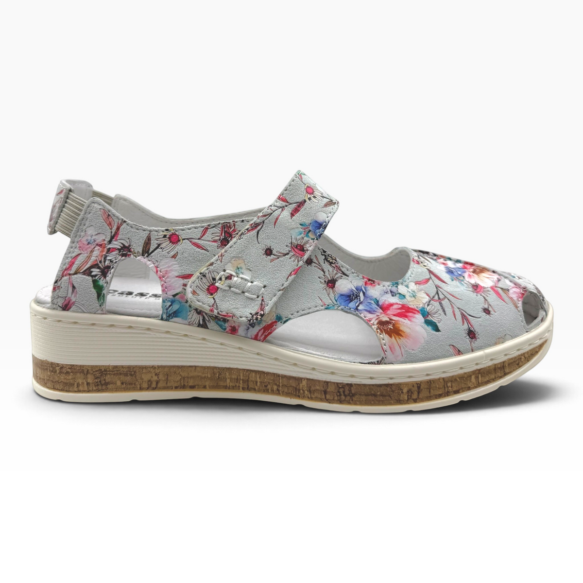 The Shoe Shop Maizy floral leather peep-toe sandal with adjustable strap, cork-effect wedge, and cut-out details.