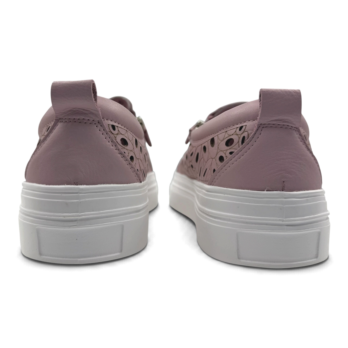 The Shoe Shop Triffic sneaker in mauve leather with laser-cut floral details and a white rubber platform sole.