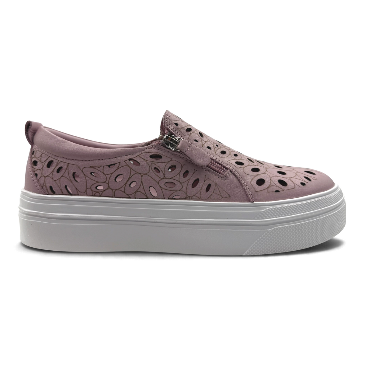 The Shoe Shop Triffic mauve leather sneaker with laser-cut floral patterns, side zip, and white platform rubber sole.
