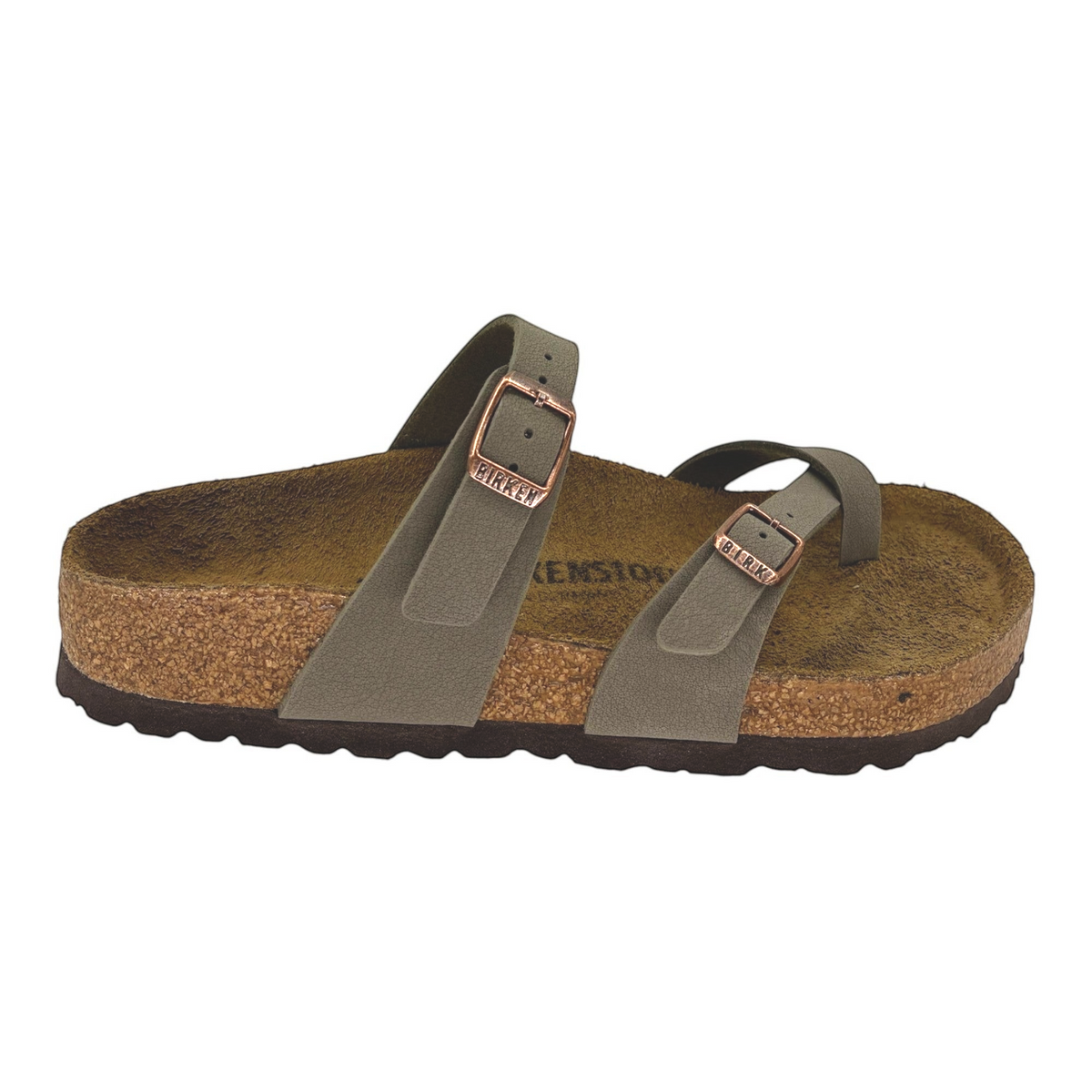 The Shoe Shop Mayari Birkibuc stone sandals with criss-cross straps, cork-latex footbed, and adjustable buckles.