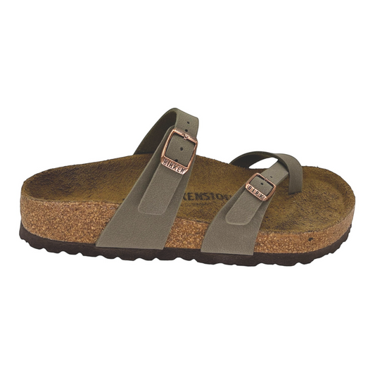 The Shoe Shop Mayari Birkibuc stone sandals with criss-cross straps, cork-latex footbed, and adjustable buckles.