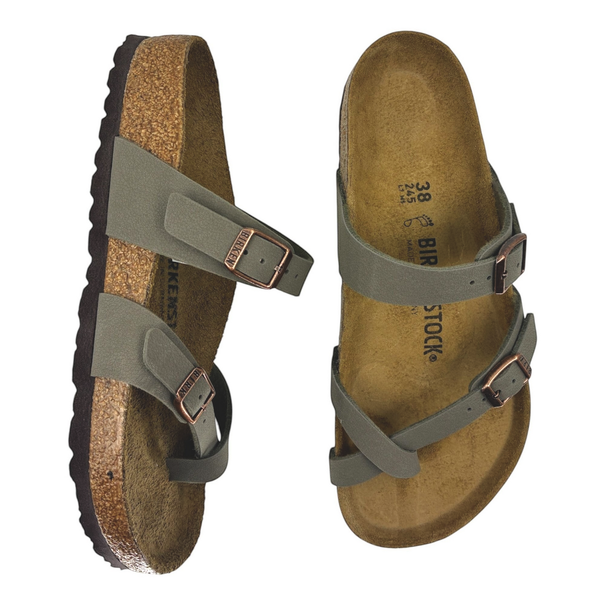 The Shoe Shop Mayari Birkibuc stone sandals with criss-cross straps, cork-latex footbed, and adjustable buckles.