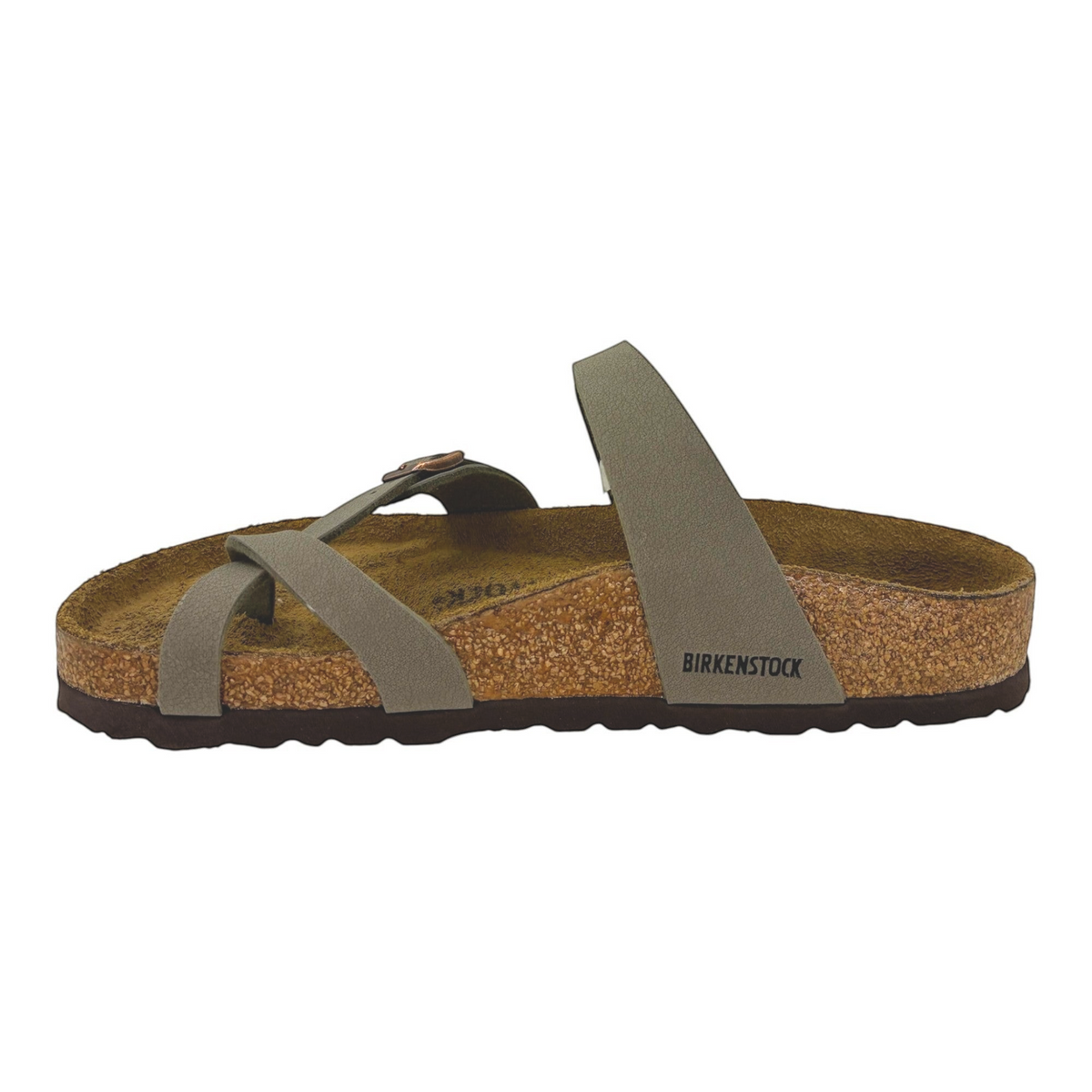 The Shoe Shop Mayari Birkibuc stone sandals with criss-cross straps, cork-latex footbed, and adjustable buckles.