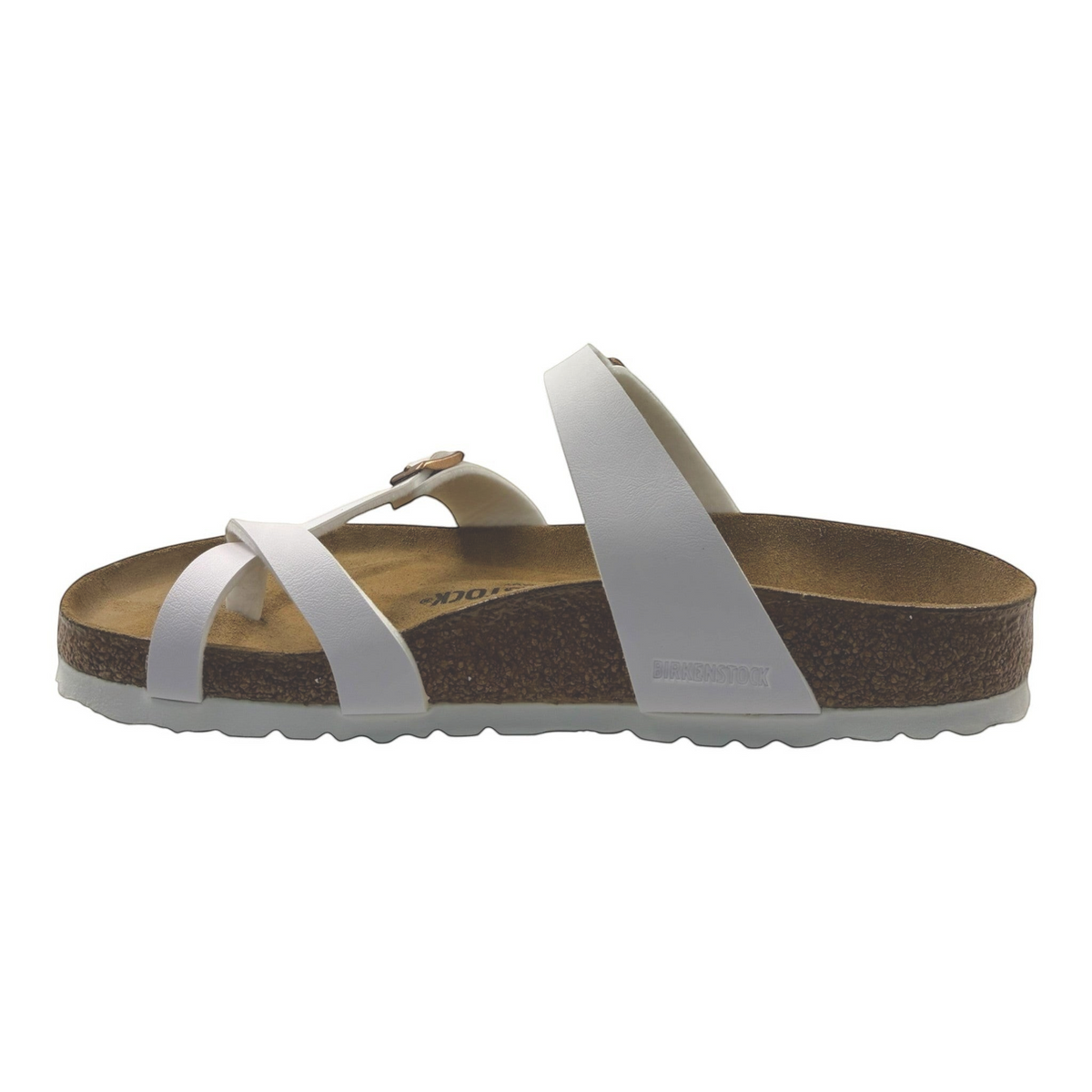 The Shoe Shop Mayari white Birko-Flor sandal with criss-cross straps and an anatomical cork-latex footbed