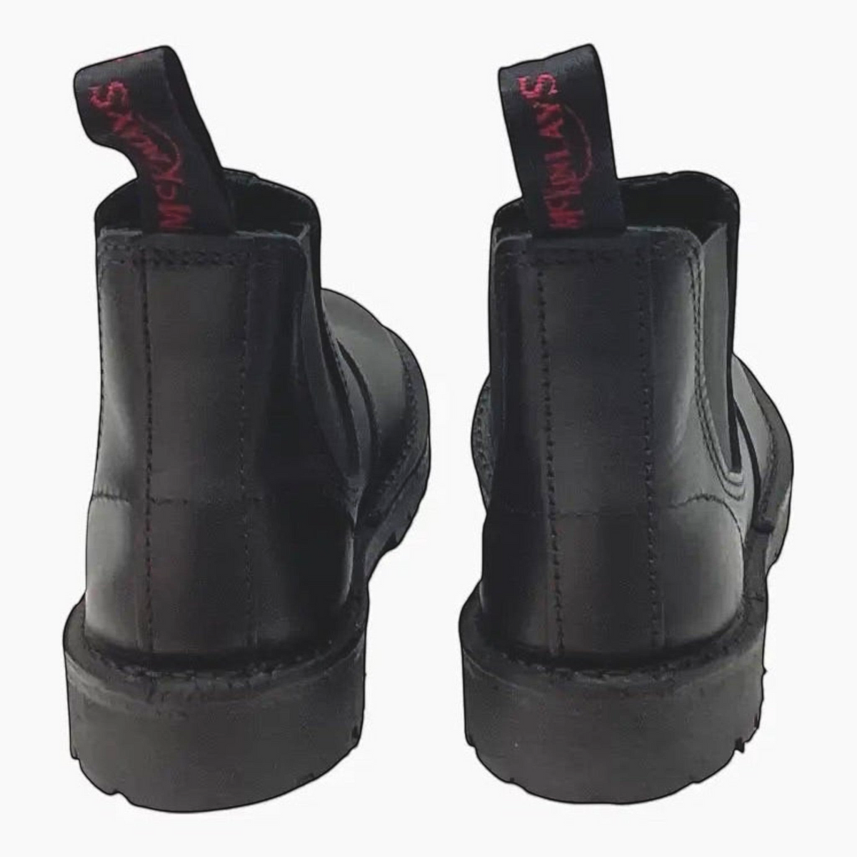 The Shoe Shop McKinlays Hunter black leather jodhpur boots with elastic side panels and rugged lug soles, rear view.