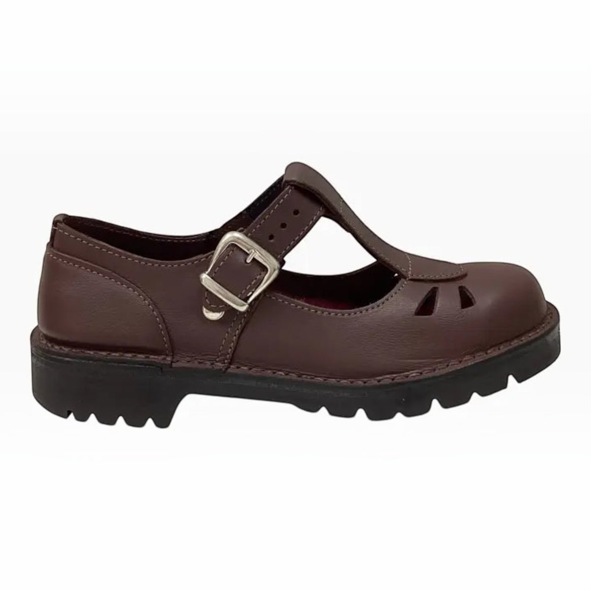 The Shoe Shop McKinlays Karen brown leather T-bar school shoe with a wide fit, buckle strap, and durable lug sole.