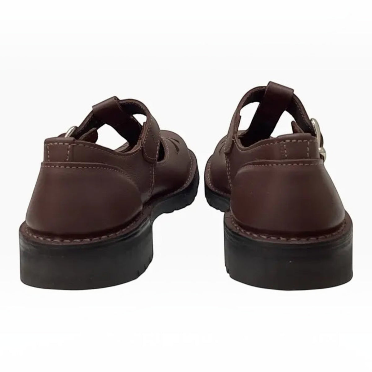 The Shoe Shop McKinlays Karen brown leather T-bar school shoes showing the high heel counter and durable outsole