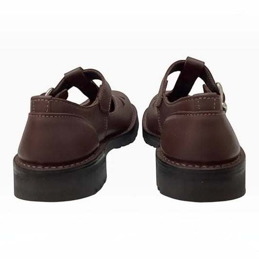 The Shoe Shop McKinlays Karen brown leather T-bar school shoes showing the high heel counter and durable outsole