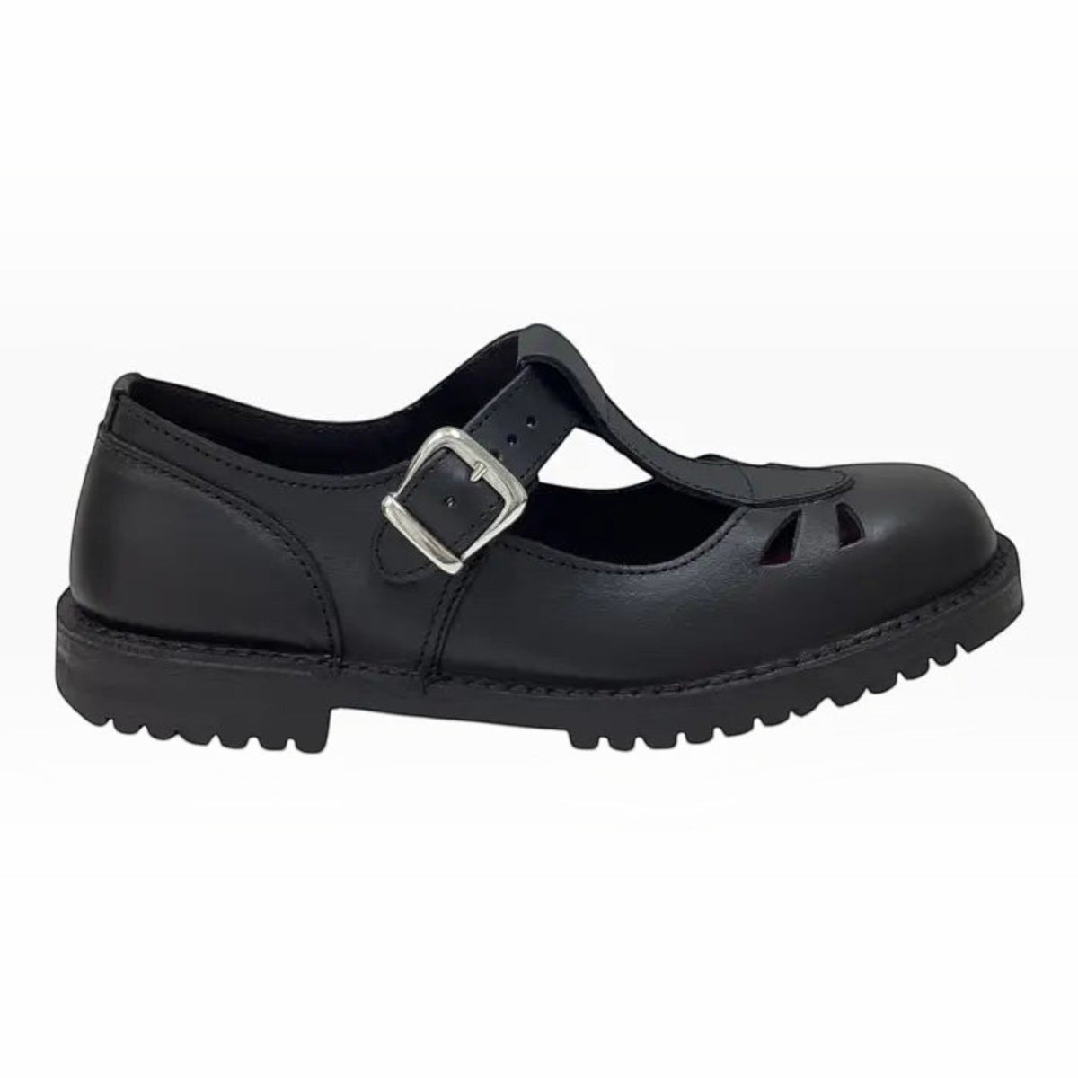 The Shoe Shop McKinlays Kristen black leather T-bar school shoe with a silver buckle and durable lugged outsole.
