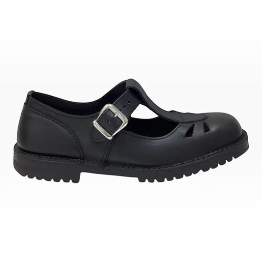 The Shoe Shop McKinlays Kristen black leather T-bar school shoe with a silver buckle and durable lugged outsole.