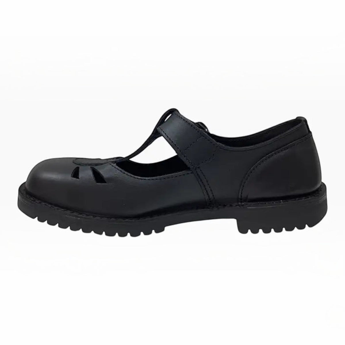 The Shoe Shop McKinlays Kristen black leather T-bar school shoe with a durable lugged outsole and cutout detail.