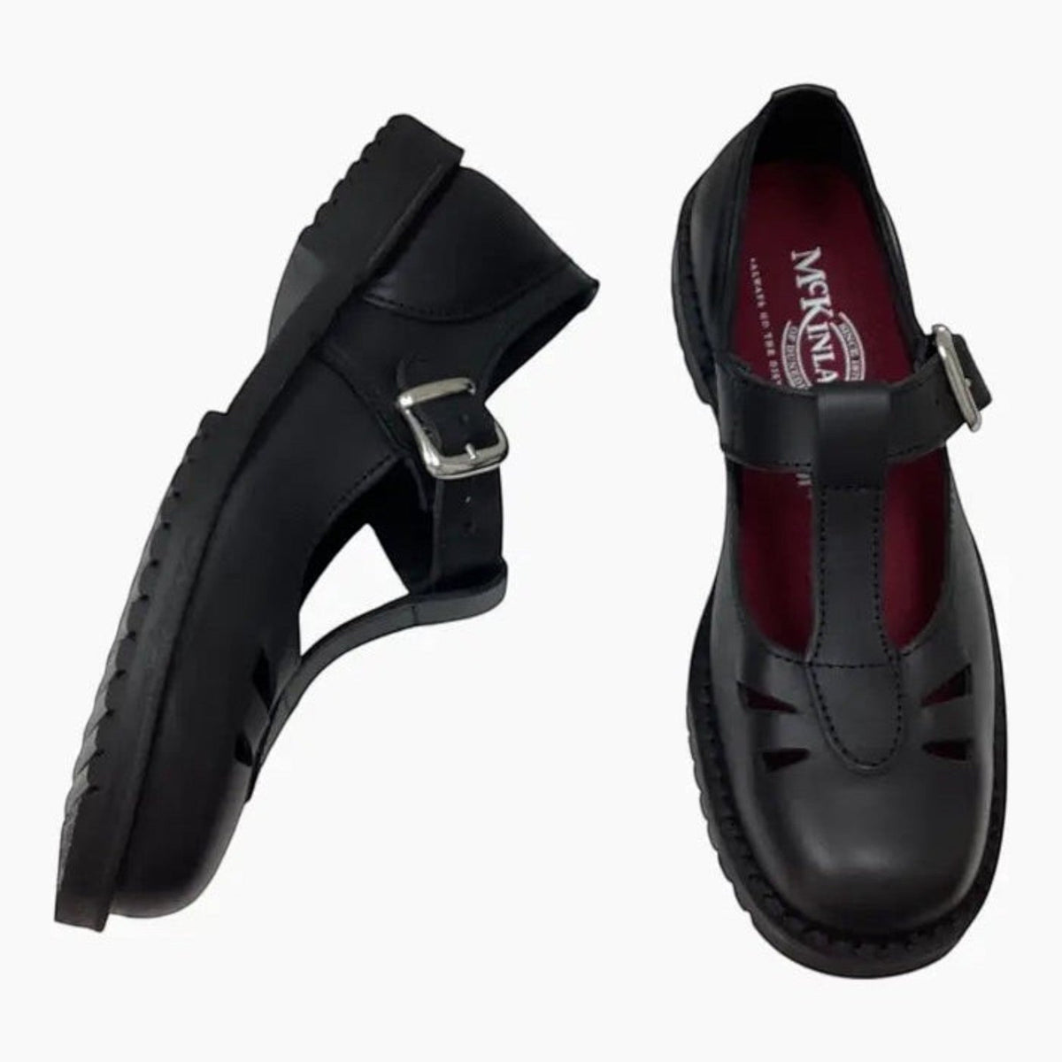The Shoe Shop McKinlays Kristen black leather T-bar school shoes with buckle strap and durable PVC outsole