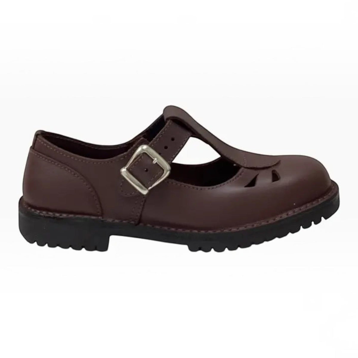 The Shoe Shop McKinlays Kristen brown leather T-bar school shoe with a durable PVC outsole and buckle strap.