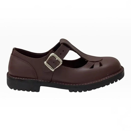 The Shoe Shop McKinlays Kristen brown leather T-bar school shoe with a durable PVC outsole and buckle strap.